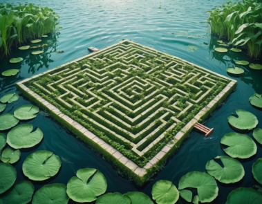 Maze in water with lotus leaves